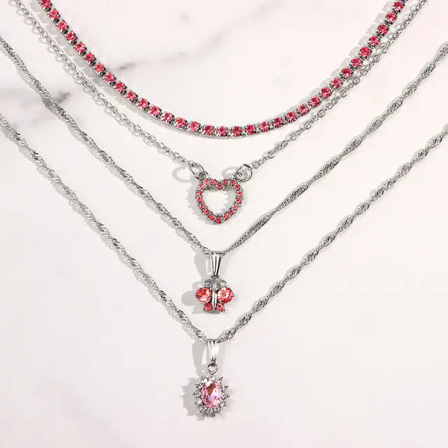 Multi-layer Pink Heart Crystal Necklaces