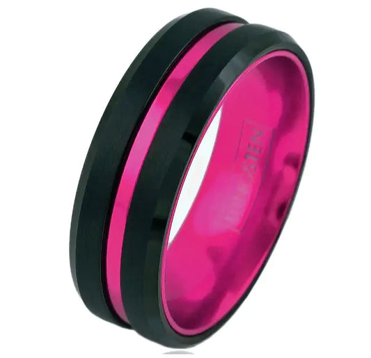 Black Tungsten and Hot Pink Stripe Ring