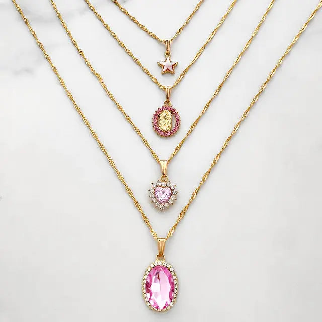 Multi-layer Pink Heart Crystal Necklaces