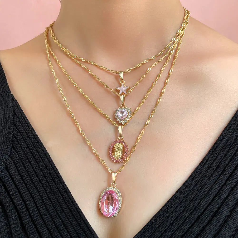 Multi-layer Pink Heart Crystal Necklaces